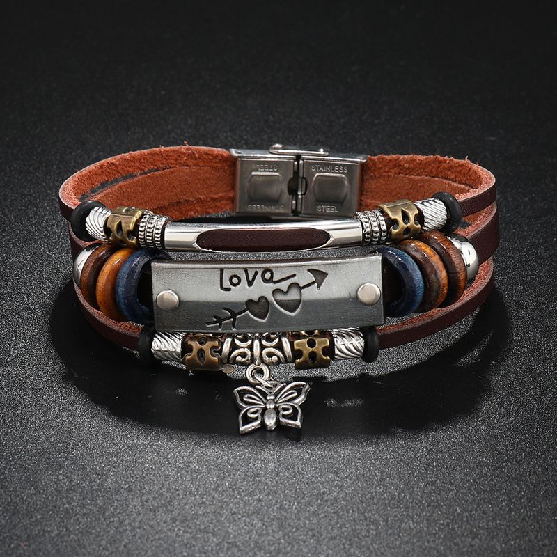 Punk Geometric Letter Butterfly Stainless Steel Alloy Leather Handmade Men's Bracelets