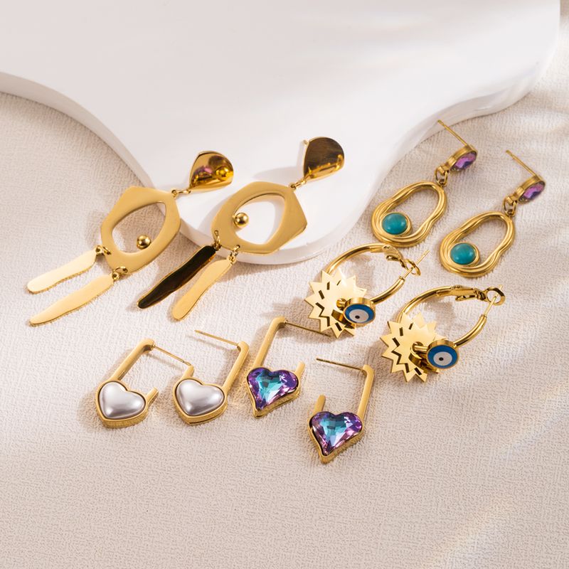 1 Pair Elegant Streetwear Heart Shape Eye Inlay 316 Stainless Steel  Resin Turquoise Rhinestones Pearl 14K Gold Plated Drop Earrings