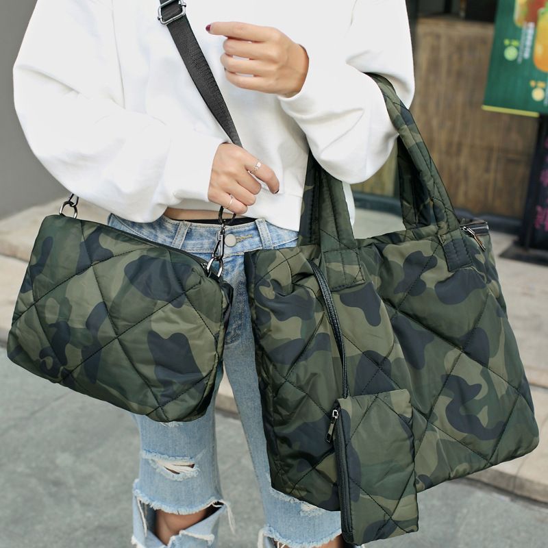 Women's All Seasons Canvas Camouflage Streetwear Square Zipper Bag Sets Handbag