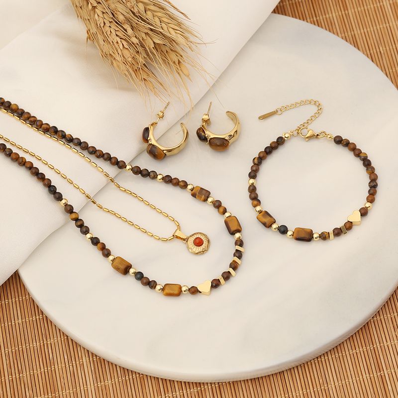 Stainless Steel Tiger Eye Copper 18K Gold Plated Retro Beaded Heart Shape Bracelets Earrings Necklace