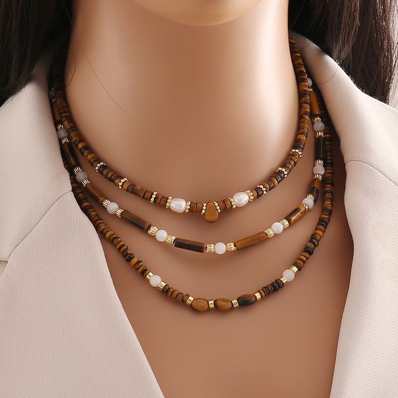 Classic Style Water Droplets Stainless Steel Tiger Eye Copper Beaded 18K Gold Plated Women's Necklace