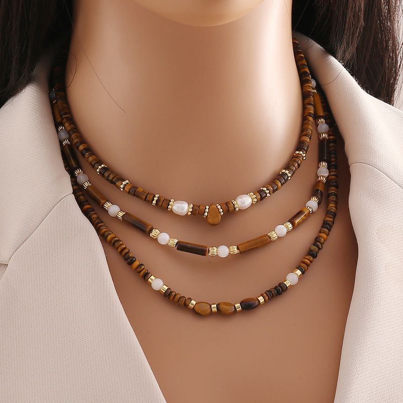 Klassischer Stil Wassertropfen Rostfreier Stahl Tigerauge Kupfer Perlen 18 Karat Vergoldet Frau Halskette