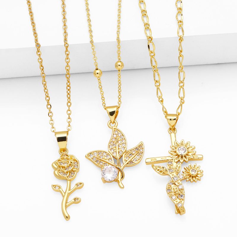 Simple Style Flower Copper Plating Inlay Zircon 18k Gold Plated Pendant Necklace