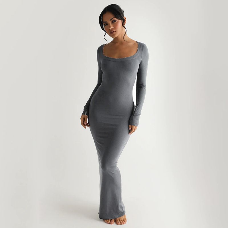 Women's Bodycon Dress Sexy Square Neck Long Sleeve Solid Color Maxi Long Dress Daily