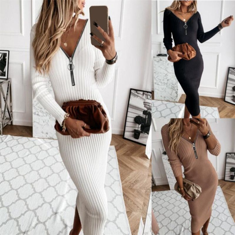 Women's Sweater Dress Casual Elegant V Neck Long Sleeve Solid Color Midi Dress Daily Street