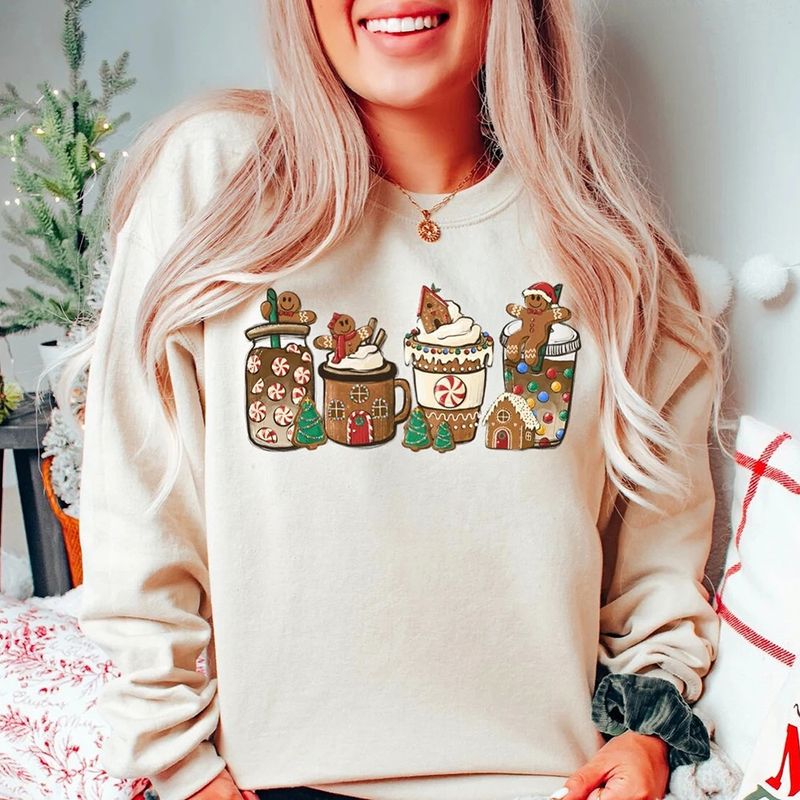 Damen Kapuzen Pullover Lange Ärmel Thermotransferdruck Lässig Weihnachtsbaum Lebkuchen