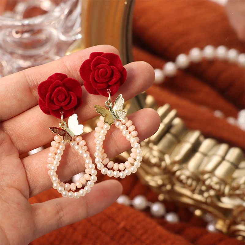 1 Pair Sweet Flower Artificial Crystal Artificial Pearl Copper Drop Earrings