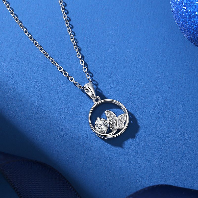 Simple Style Circle Butterfly Sterling Silver Gra Plating Inlay Moissanite Pendant Necklace