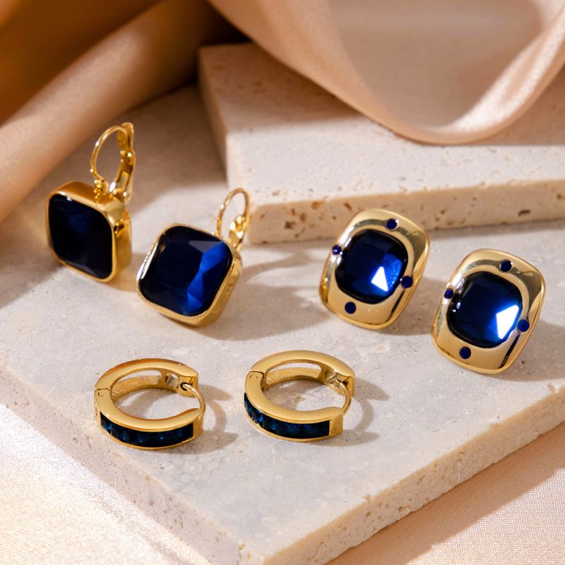1 Pair Simple Style Geometric Color Block Plating Hollow Out Inlay Stainless Steel Zircon 18k Gold Plated Hoop Earrings