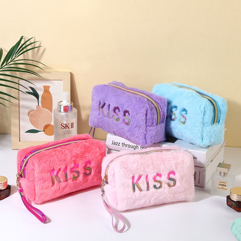 Casual Cute Letter Solid Color Flannel Storage Bag Makeup Bags