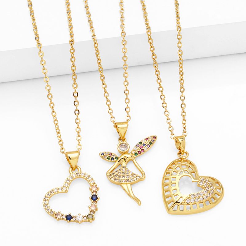 Elegant Einfacher Stil Herzform Kupfer Überzug Inlay Zirkon 18 Karat Vergoldet Halskette Mit Anhänger
