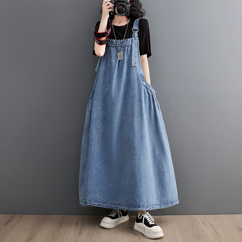 Women's Denim Dress Casual Strap Pocket Sleeveless Solid Color Maxi Long Dress Daily