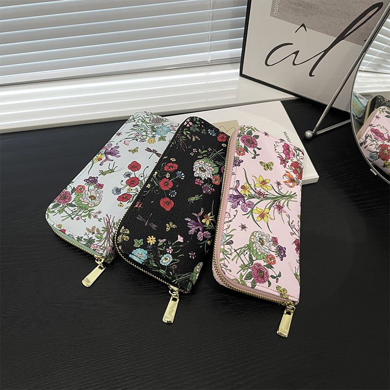 Women's Flower Pu Leather White Pink Black Zipper Wallets