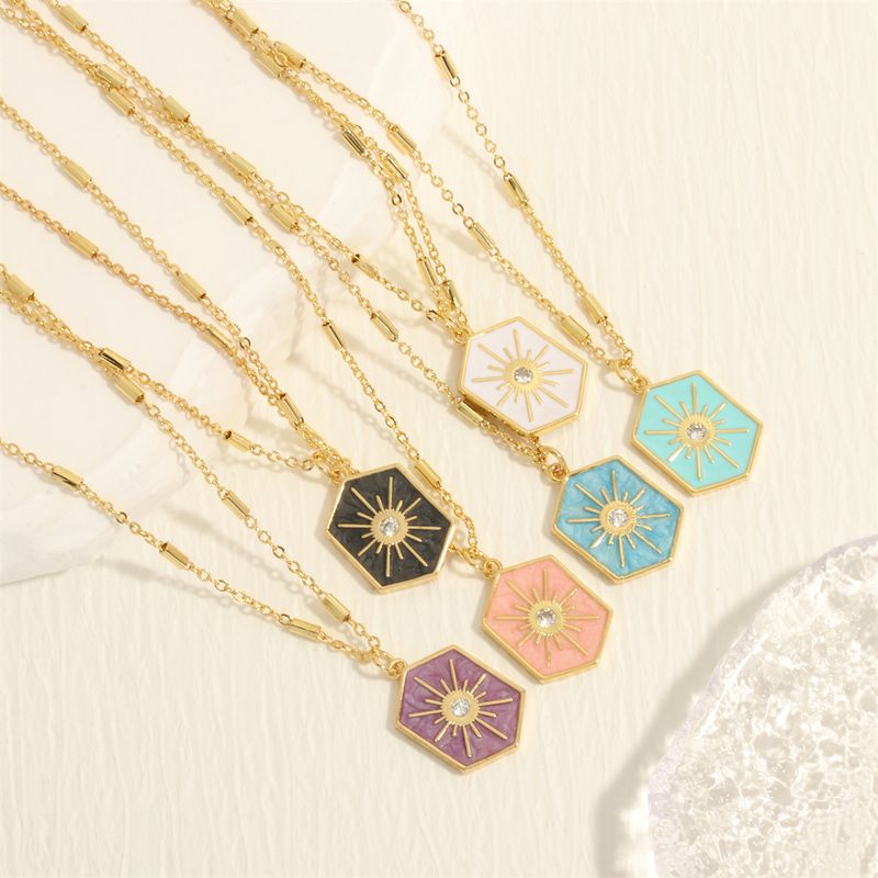 Simple Style Sun Copper Enamel Plating Inlay Zircon 18k Gold Plated Pendant Necklace