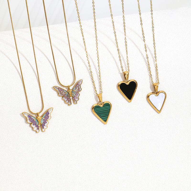 304 Stainless Steel 18K Gold Plated Casual Cute Classic Style Plating Heart Shape Butterfly Pendant Necklace