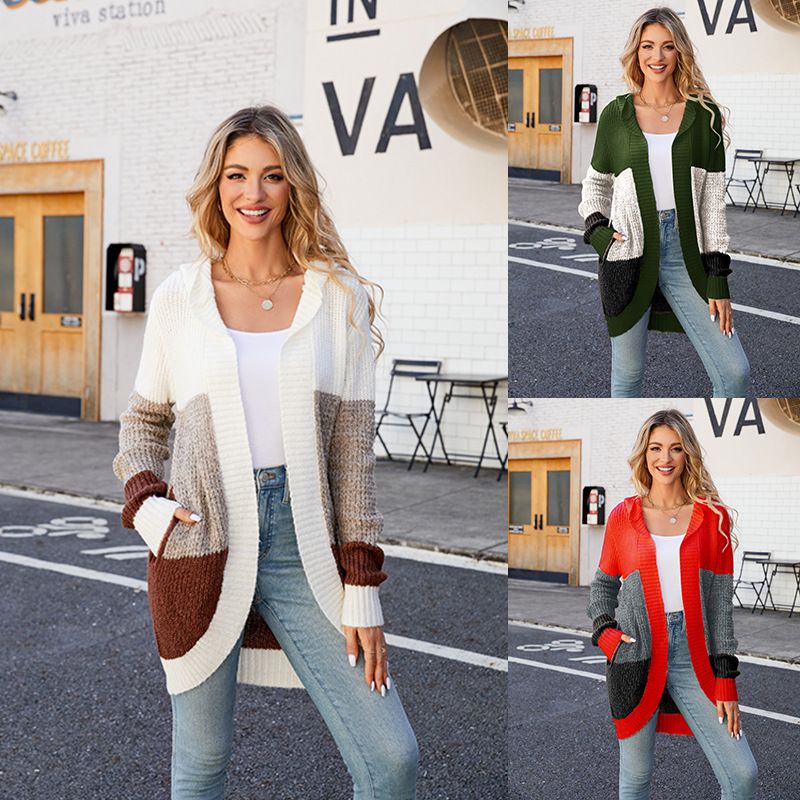 Women's Cardigan Long Sleeve Sweaters & Cardigans Contrast Binding Casual Color Block