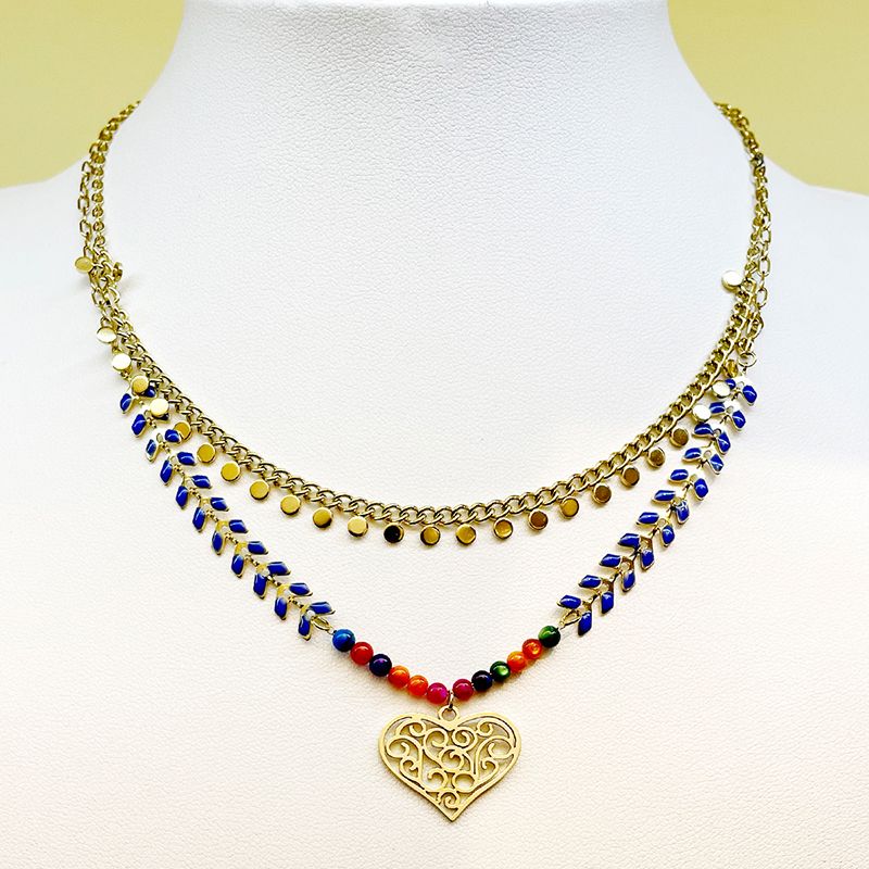 304 Stainless Steel Gold Plated Elegant Enamel Plating Heart Shape Crystal Double Layer Necklaces