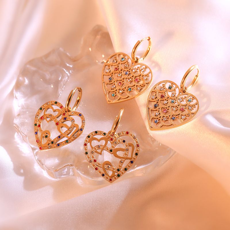 1 Pair Simple Style Commute Heart Shape Plating Inlay 304 Stainless Steel Zircon 18K Gold Plated Drop Earrings