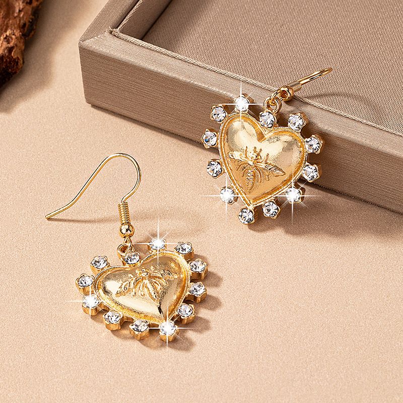 1 Pair Elegant Heart Shape Bee Plating Inlay Glass Ferroalloy Glass 14k Gold Plated Drop Earrings