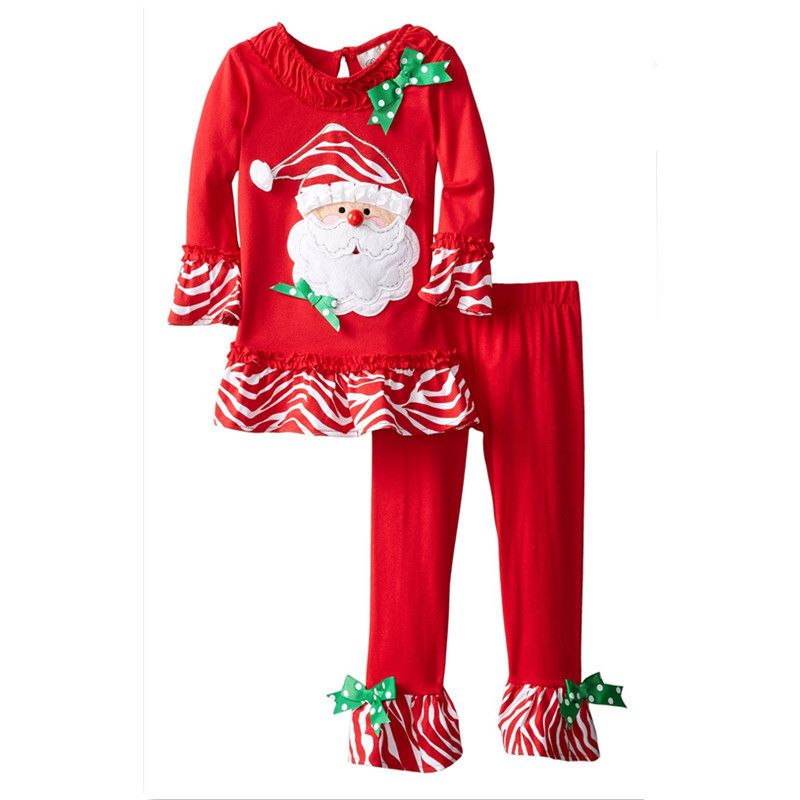 Christmas Cute Cartoon Santa Claus Flower Cotton Girls Clothing Sets