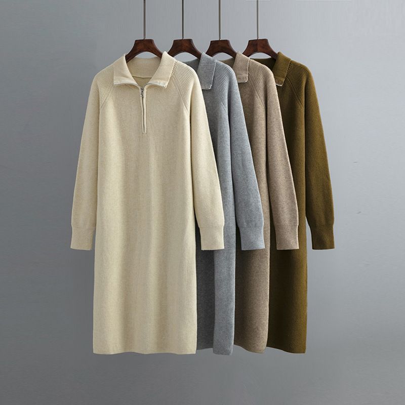 Women's Sweater Dress Casual Simple Style Turndown Zipper Long Sleeve Solid Color Knee-length Daily
