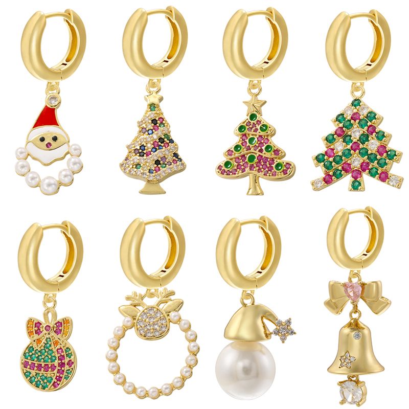 1 Paire Décontractée Élégant Noël Chapeau De Noël Sapin De Noël Père Noël Émail Placage Incruster Le Cuivre Zircon Plaqué Or 18k Boucles D'oreilles