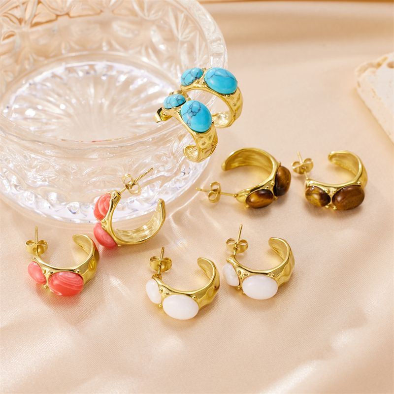 1 Pair Simple Style Commute Round Plating Inlay Stainless Steel Natural Stone 18k Gold Plated Ear Studs