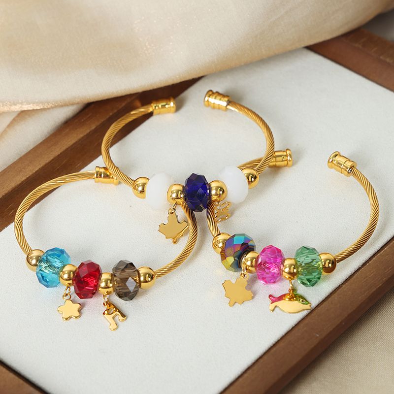Casual Simple Style Flower Artificial Crystal Titanium Steel Plating 18k Gold Plated Bangle