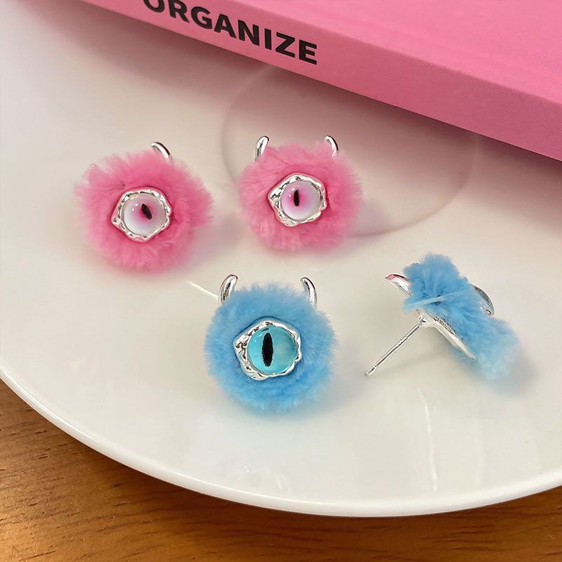 Cute Funny Monster Eye Alloy Plush Handmade Women's Rings Earrings