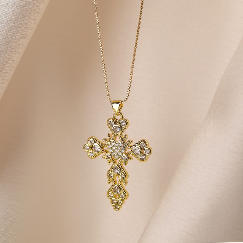 Retro Einfacher Stil Pendeln Kreuzen Kupfer Überzug Inlay Zirkon 18 Karat Vergoldet Halskette Mit Anhänger