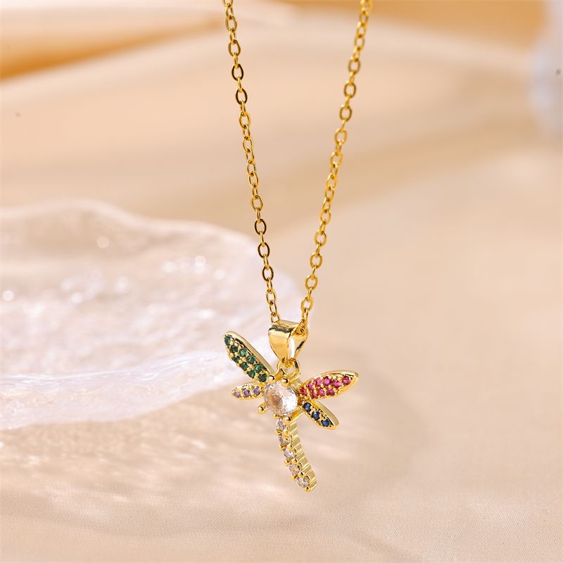 Stainless Steel Copper Cute Plating Inlay Dragonfly Zircon Pendant Necklace