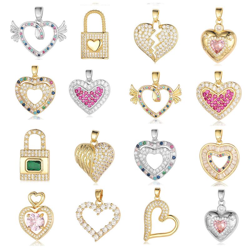 Streetwear Heart Shape Lock Copper Plating Inlay Zircon 18k Gold Plated Charms Jewelry Accessories