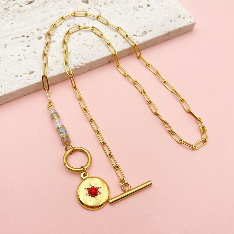 304 Stainless Steel Gold Plated Simple Style Plating Inlay Sun Color Block Natural Stone Turquoise Pendant Necklace