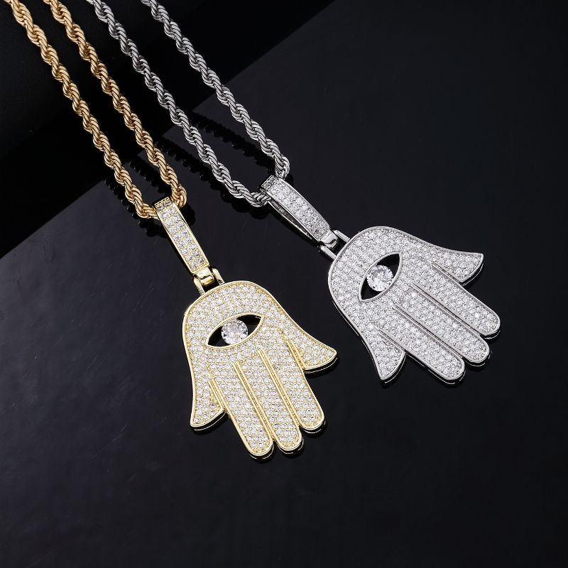Retro Vintage Style Palm Hand Of Fatima Eye Stainless Steel Copper Plating Chain Inlay Zircon Men's Necklace Pendant