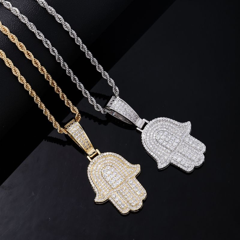 Hip-Hop Palm Hand Of Fatima 304 Stainless Steel Copper Plating Chain Inlay Zircon K Gold Plated Rhodium Plated Men's Necklace Pendant