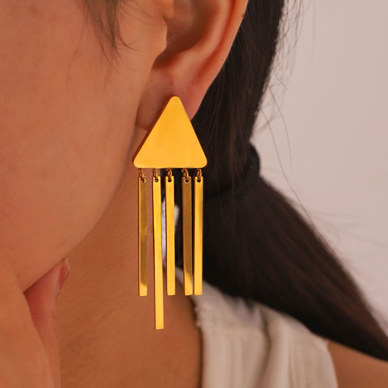 1 Pair Retro French Style Triangle Geometric Tassel Plating 304 Stainless Steel 18K Gold Plated Drop Earrings