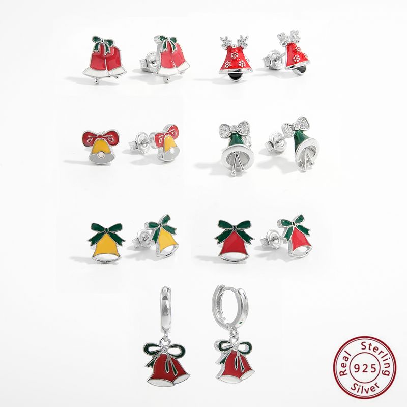 1 Pair Cute Christmas Hat Bell Antlers Epoxy Plating Inlay Sterling Silver Zircon White Gold Plated Rhodium Plated Ear Studs