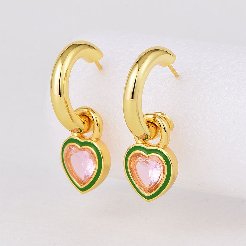 1 Pair Sweet Square Heart Shape Enamel Plating Inlay Copper Zircon 18k Gold Plated Drop Earrings