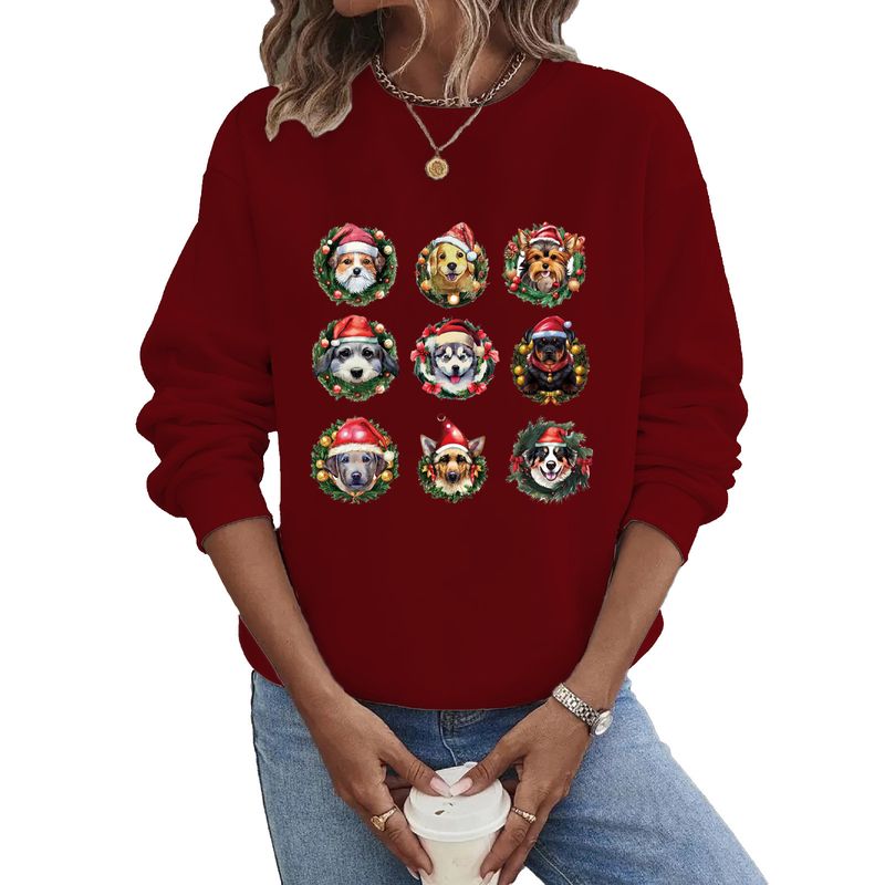 Damen Kapuzen Pullover Lange Ärmel Thermotransferdruck Lässig Weihnachtsmütze Hund