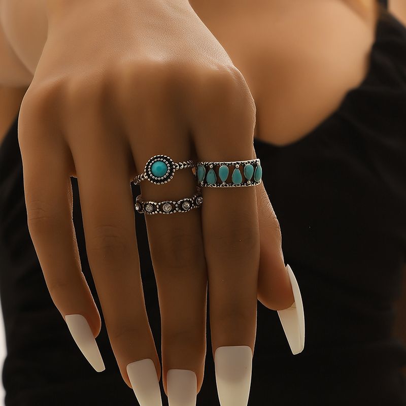 Retro Color Block Silver Plated Turquoise Alloy Wholesale Rings