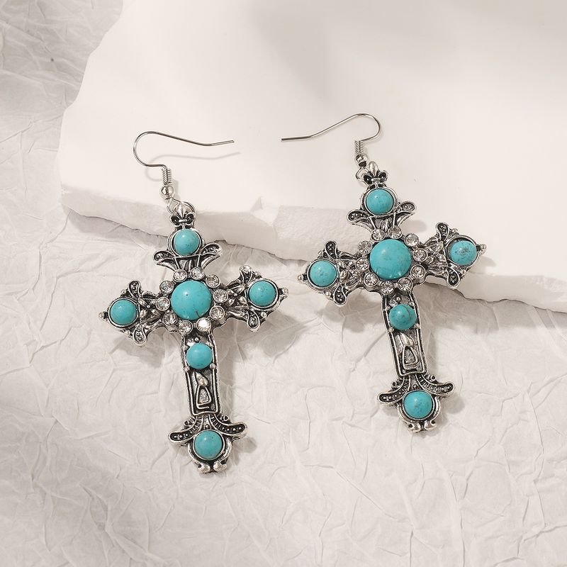 1 Paire Style Simple Traverser Incruster Alliage Turquoise Boucles D'oreilles