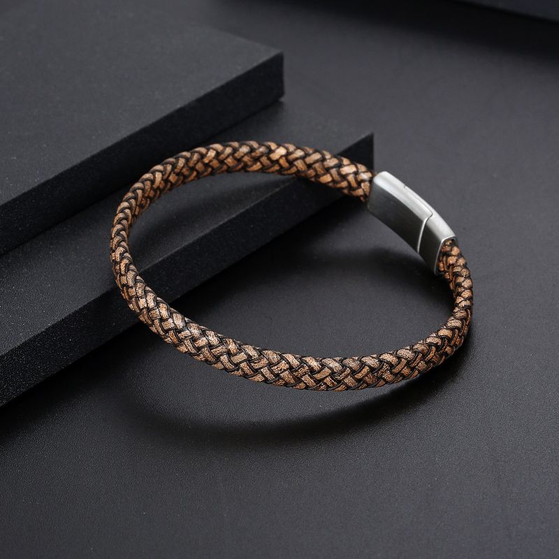 Rétro Bloc De Couleur Faux Cuir Acier Au Titane Polissage Hommes Bracelet