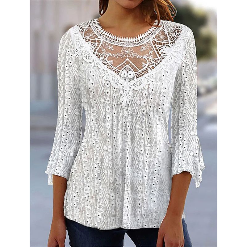 Women's Blouse 3/4 Length Sleeve Blouses Hollow Out Casual Solid Color