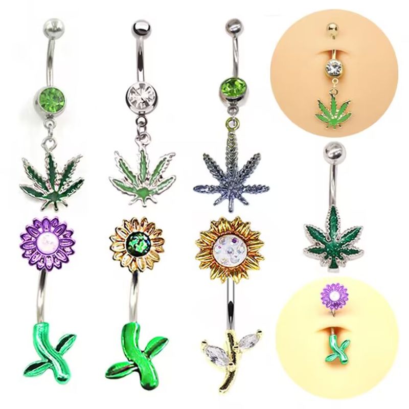 Elegant Sunflower Maple Leaf Stainless Steel Alloy Copper Epoxy Inlay Rhinestones White Gold Plated Gold Plated Belly Ring