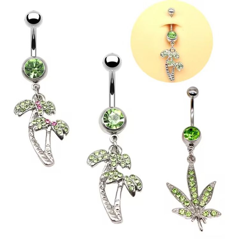 Elegant Beach Maple Leaf Coconut Tree Stainless Steel Alloy Copper Plating Inlay Rhinestones White Gold Plated Belly Ring