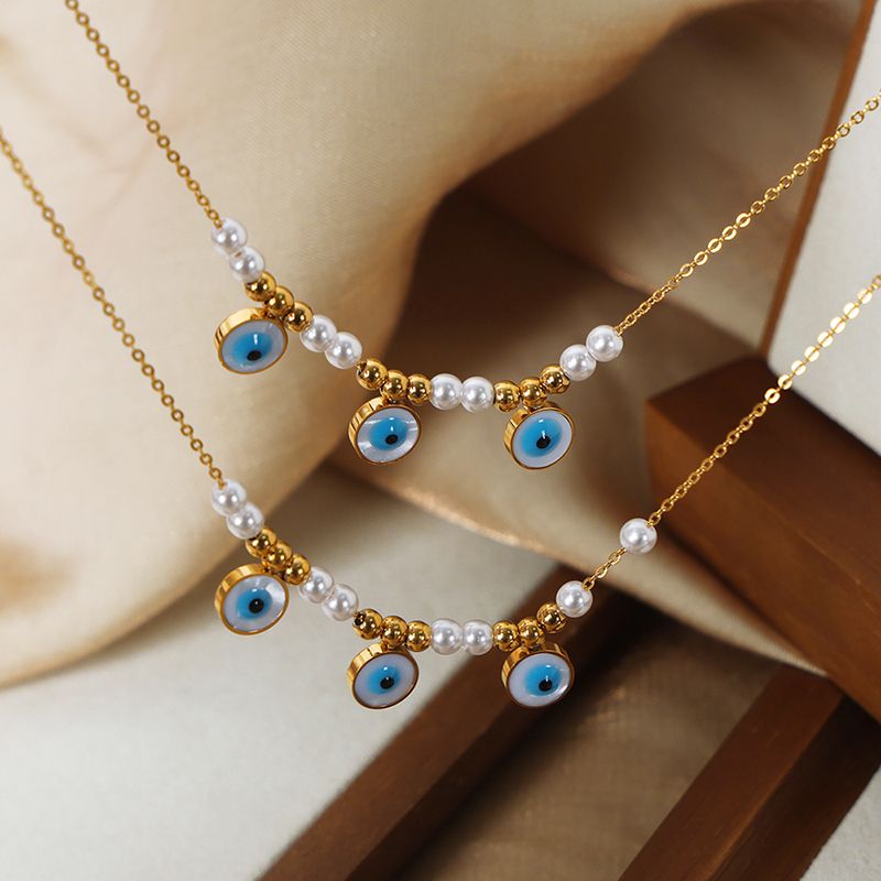 Wholesale Casual Vacation Modern Style Eye Shell Titanium Steel Beaded Plating Inlay 18k Gold Plated Shell Necklace