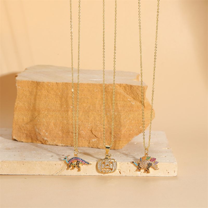Cute Streetwear Pumpkin Dinosaur Copper Plating Inlay Zircon 14k Gold Plated Pendant Necklace