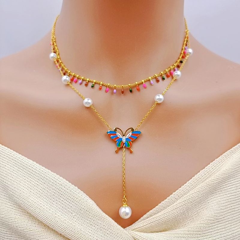 304 Stainless Steel 18K Gold Plated Vintage Style Plating Butterfly Glass Stone Pendant Necklace