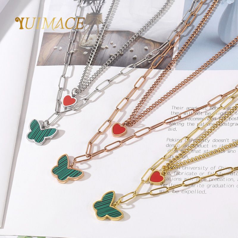 Titanium Steel 18K Gold Plated Lady Streetwear Plating Heart Shape Butterfly Layered Necklaces