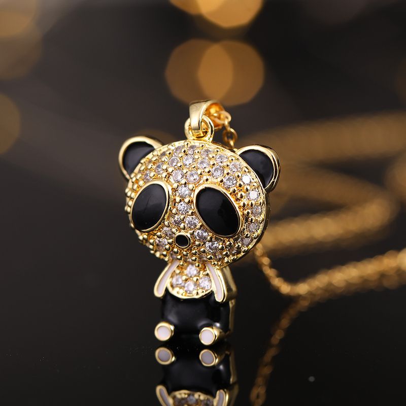 Vintage-stil Panda Kupfer Überzug Inlay Zirkon Vergoldet Halskette Mit Anhänger